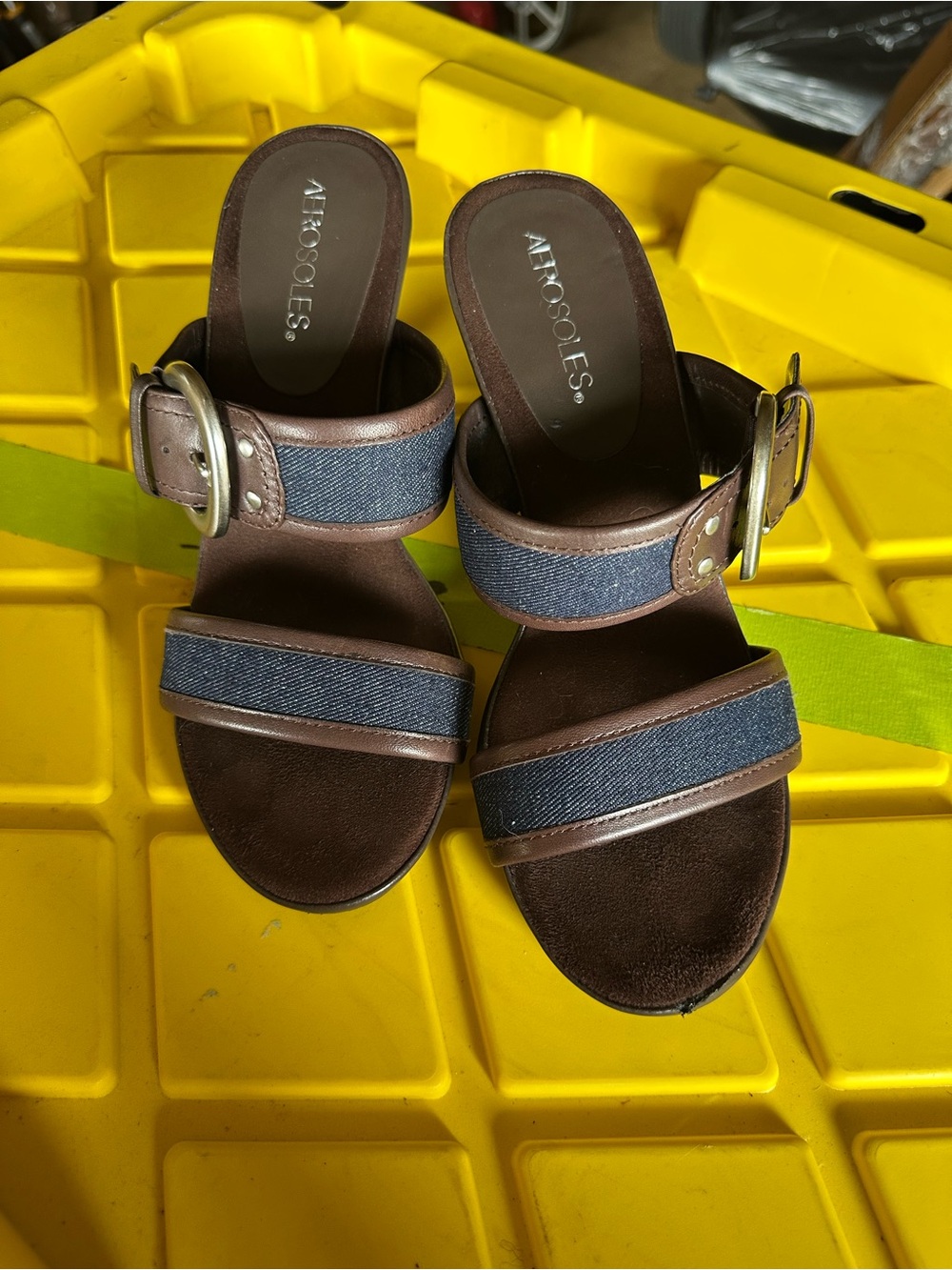 AEROSOLES Brown Leather & Navy Denim Buckle Slide Sandals GUC - size 7m